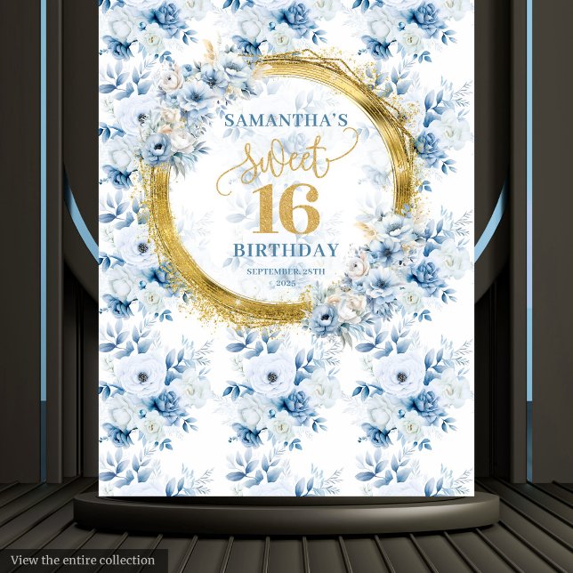 Tapiz Hermoso cartel brillante dorado de dieciséis azul  (Beautiful Light Blue Sweet 16 Gold Glitter Banner Tapestry )