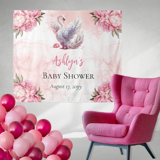 Tapiz Hermoso Chica floral rosa de cisne Baby Shower (Beautiful Swan Pink Floral Peonies Girl Baby Shower Backdrop Tapestry)