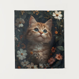 Tapiz Hermoso Naranja Kitten con flores silvestres