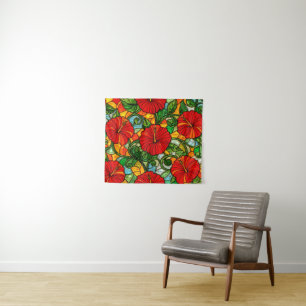 Tapiz Hibisco Naranja Dorado Rojo Vidrio Falso Teñido