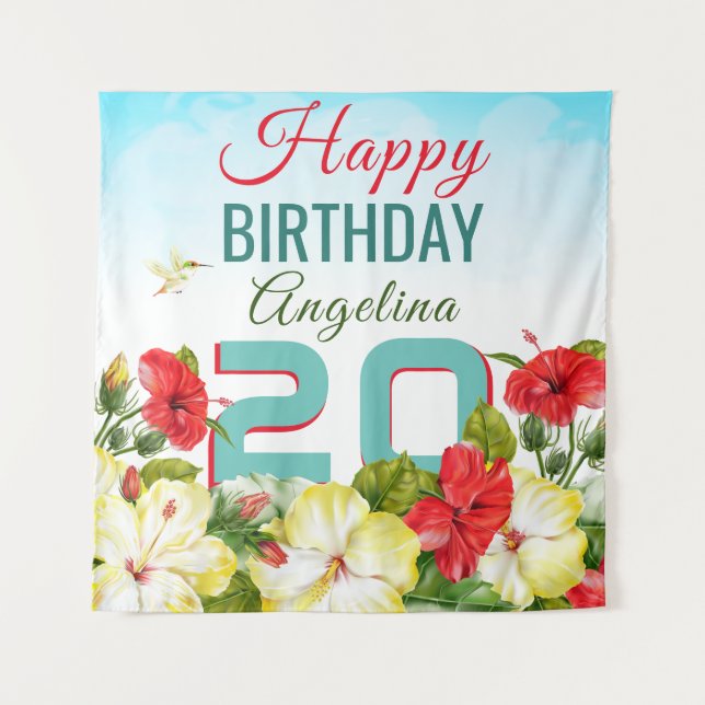 Tapiz Hibiscus Hawaiian Tropical Personalizado Cumpleaño (Anverso)