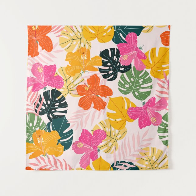 Tapiz Hibiscus & Monstera: Vibrancia tropical (Anverso)