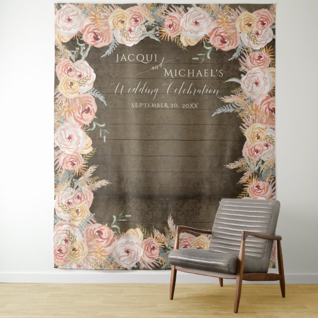 Tapiz Hierba de Pampas Boho Floral Rubor Boda de Madera  (In situ)