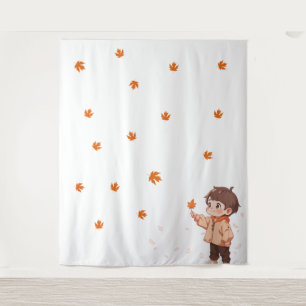 Tapiz Hoja de otoño sostenida por un niño lindo