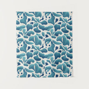 Tapiz Hojas abstractas blancas y azules Patrón costero