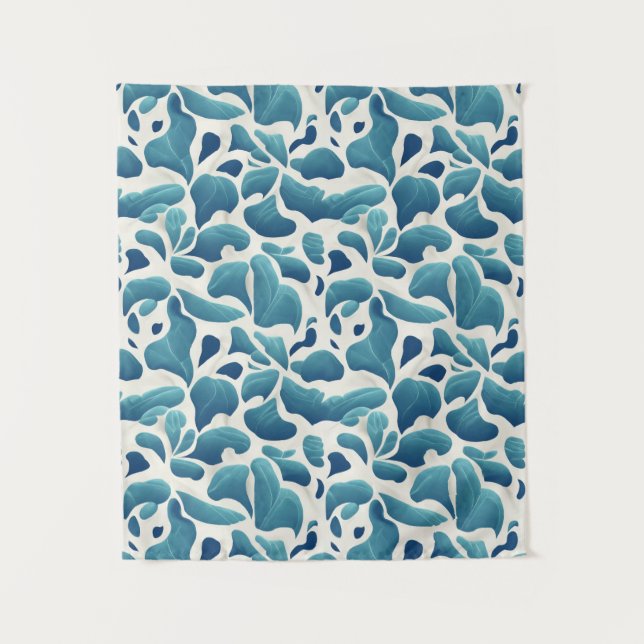 Tapiz Hojas abstractas blancas y azules | Patrón costero (Anverso)