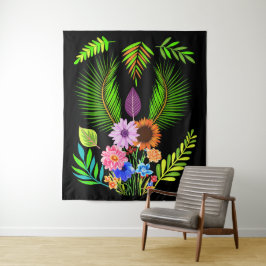 Tapiz Hojas de medianoche y flores botánicas sobre negro