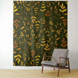 Tapiz Hojas de oro de otoño cálido patrón verde oscuro