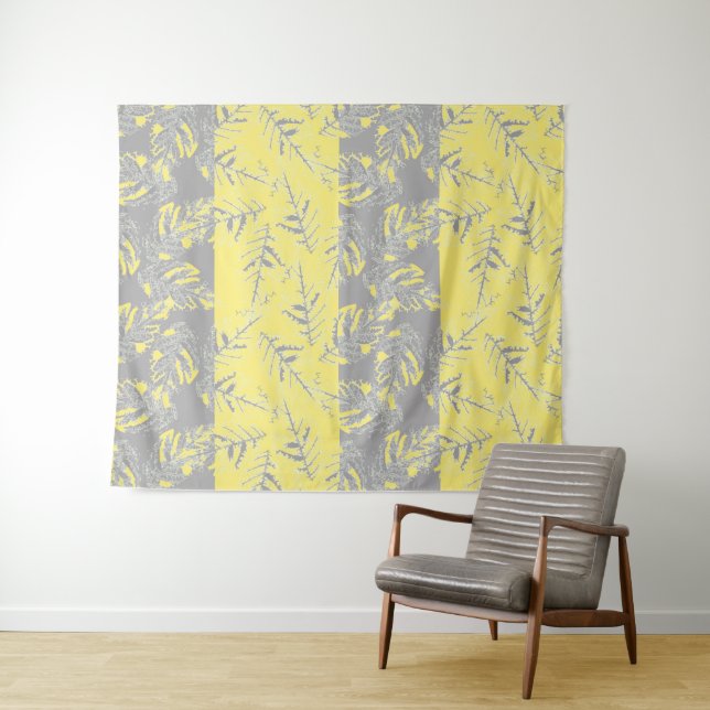 Tapiz Hojas grises y amarillas en un fondo rayado. (In situ (horizontal))
