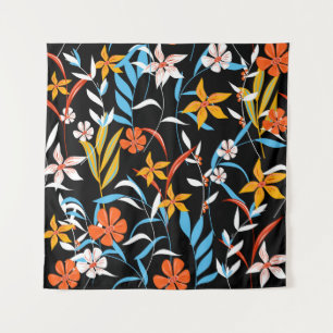 Tapiz Hojas tropicales coloridas: patrón de fondo oscuro