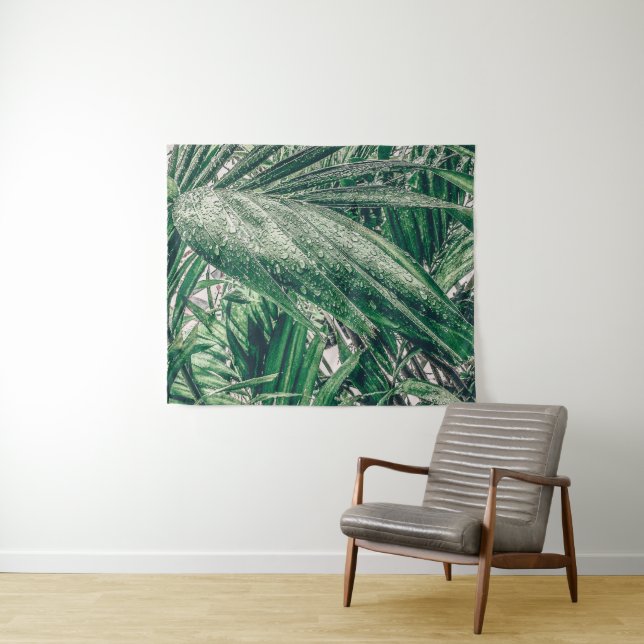 Tapiz Hojas tropicales con gotas de lluvia (In situ (horizontal))