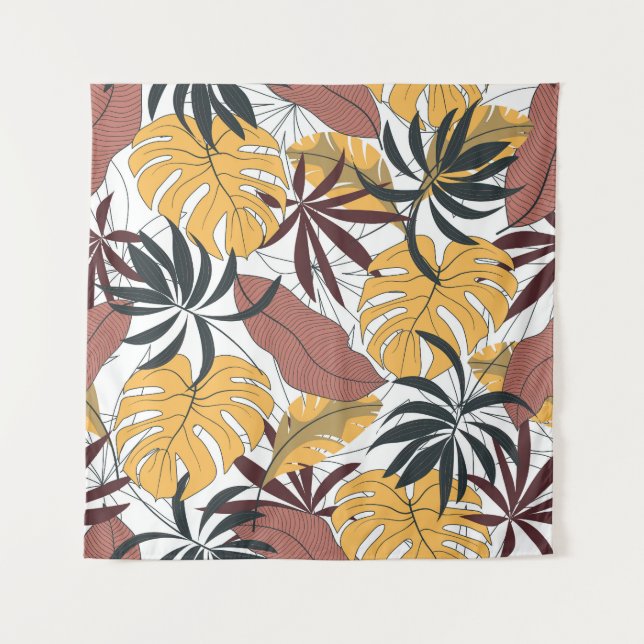 Tapiz Hojas tropicales: fondo vibrante sin costura. (Anverso)