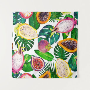 Tapiz Hojas tropicales, frutas, gouache sin costura.