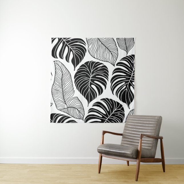 Tapiz Hojas tropicales modernas en blanco y negro (In situ)