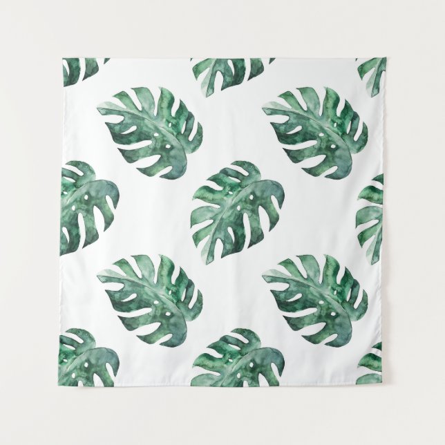 Tapiz Hojas tropicales verdes, patrón de acuarela (Anverso)