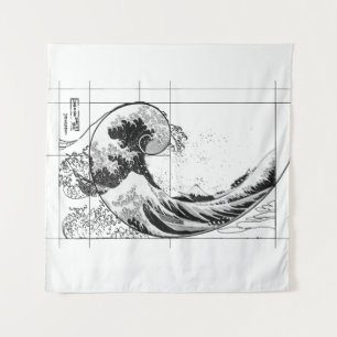 Tapiz Hokusai se reúne con fibonacci, negro y blanco