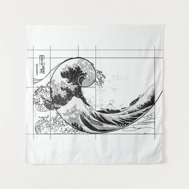 Tapiz Hokusai se reúne con fibonacci, negro y blanco (Anverso)
