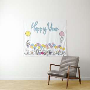 Tapiz Hola Año Nuevo 2024 Con Gatos Jugadores