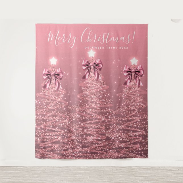 Tapiz Holiday Backdrop Blush Pink Christmas Trees Bows (Anverso)