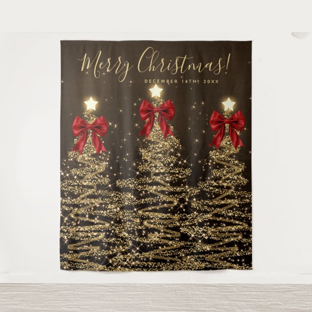 Tapiz Holiday Backdrop Gold Christmas Trees w/ Red Bows (Anverso)