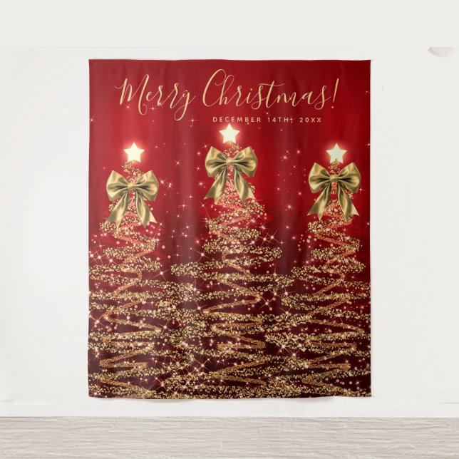Tapiz Holiday Backdrop Gold Red Christmas Trees w/ Bows (Anverso)