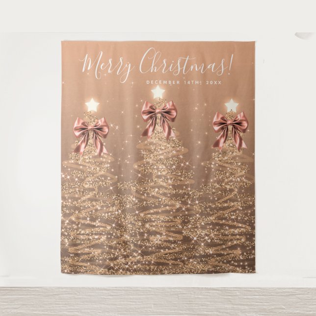Tapiz Holiday Backdrop Rose Gold Christmas Trees Bows (Anverso)