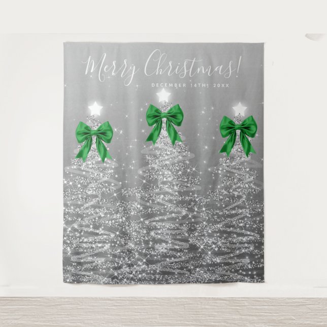 Tapiz Holiday Backdrop Silver Christmas Trees Green Bows (Anverso)