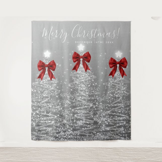 Tapiz Holiday Backdrop Silver Christmas Trees Red Bows (Anverso)