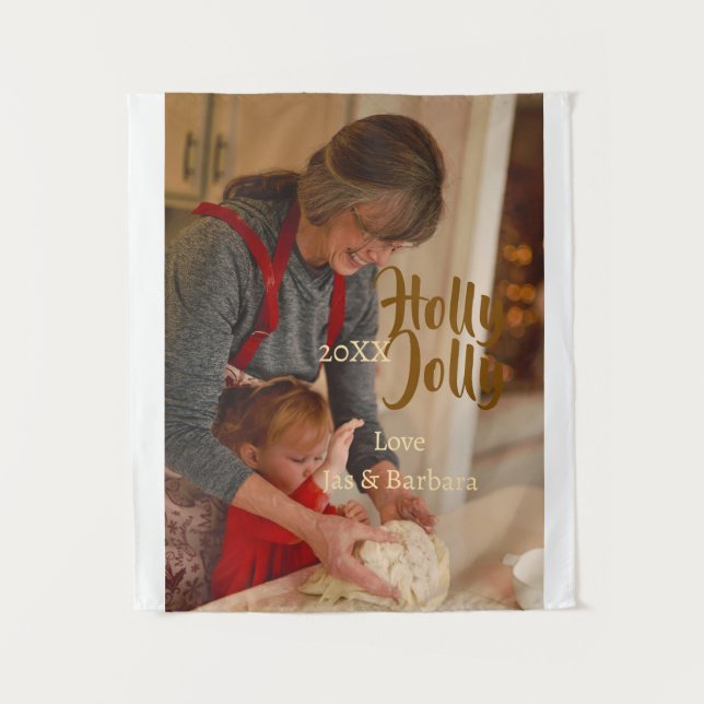 Tapiz Holly Jolly family holiday photo beige year naboho (Anverso)