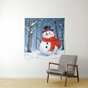 Tapiz Hombre de nieve en bosque frío con bufanda roja