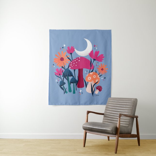 Tapiz Hongos y flores - azul moonstone y rosa quemado (In situ)