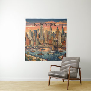 Tapiz Horizonte de Nueva York Arte de Viaje Vintage