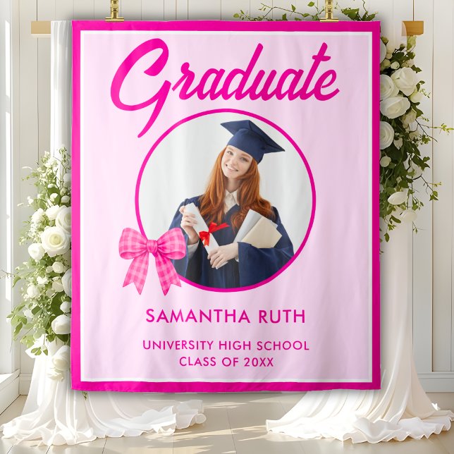 Tapiz Hot Pink Gingham Bow Photo Graduation Backdrop (Subido por el creador)