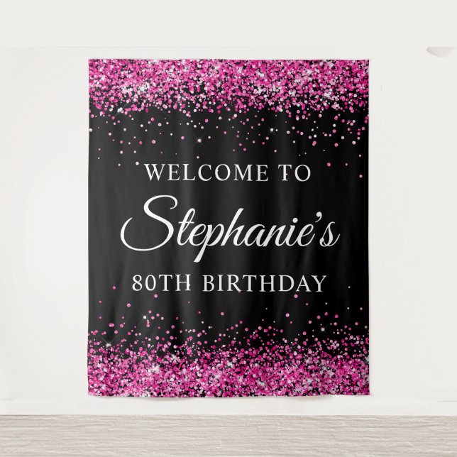 Tapiz Hot Pink Glitter Black 80th Birthday Welcome (Anverso)