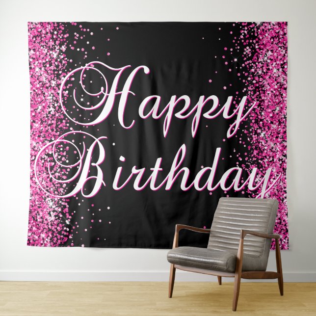 Tapiz Hot Pink Glitter Black Happy Birthday Calligraphy (In situ (horizontal))
