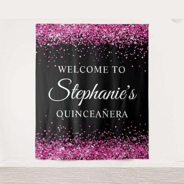 Tapiz Hot Pink Glitter Black Quinceañera Welcome (Anverso)