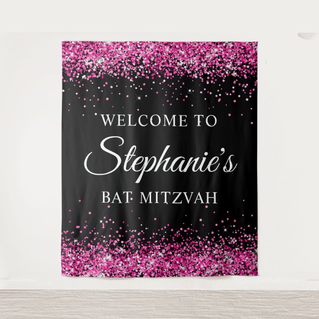 Tapiz Hot Pink Glitter Black Sweet 16 Birthday Welcome (Anverso)