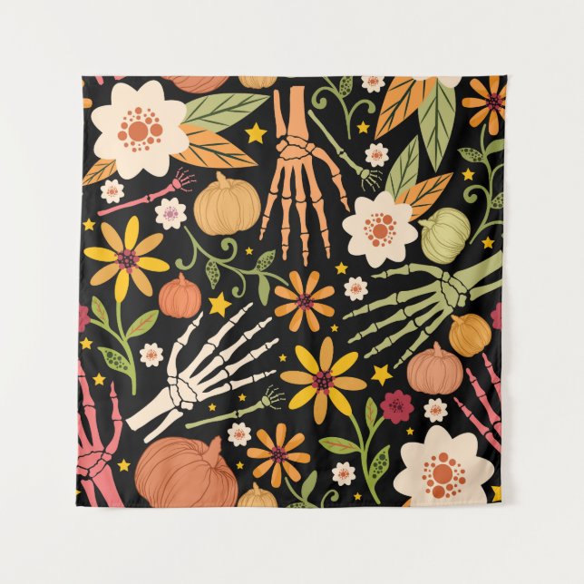 Tapiz Huesos de Halloween, patrón sin costuras florales. (Anverso)