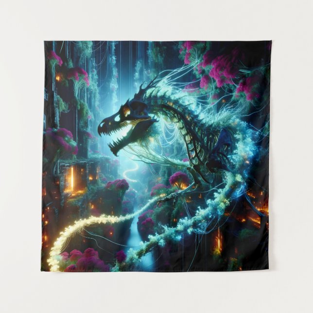 Tapiz Huesos de neón y dragón: Eclipse en un futurista (Anverso)