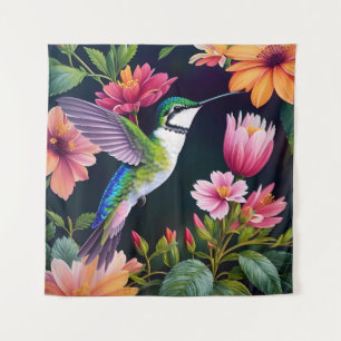 Tapiz Hummingbird Colorful Flowers Art