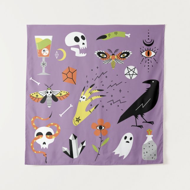 Tapiz Iconos de Halloween, conjunto de cosechas a mano. (Anverso)