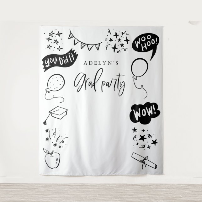 Tapiz Iconos Grad Quirky Dibujados A Mano Fondo Blanco (Anverso)