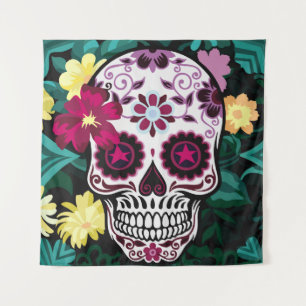 Tapiz ilustracion artístico de flor ornamental de cráneo