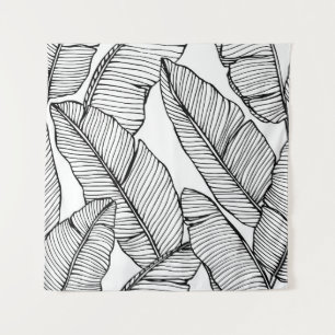 Tapiz Ilustracion blanco negro de hojas de plátano