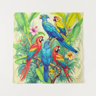 Tapiz Ilustración Botánica de Aves Tropicales