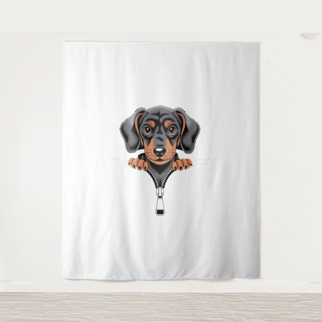 Tapiz Ilustración de adorable dachshund asomándose por l (Anverso)