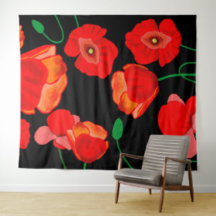 Tapiz Ilustración de amapolas rojas sobre fondo negro 