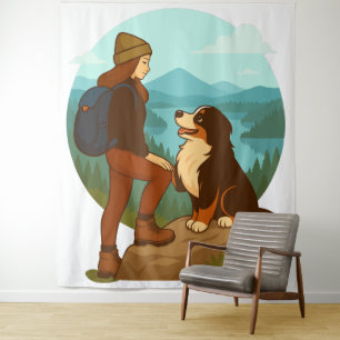 Tapiz Ilustración de aventura de niña y perro de montaña