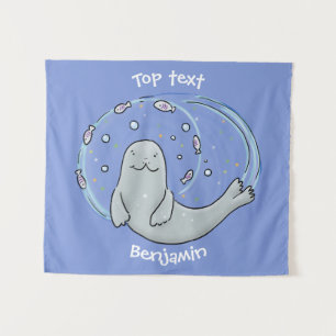 Tapiz Ilustracion de foca feliz y personalizado azul de 