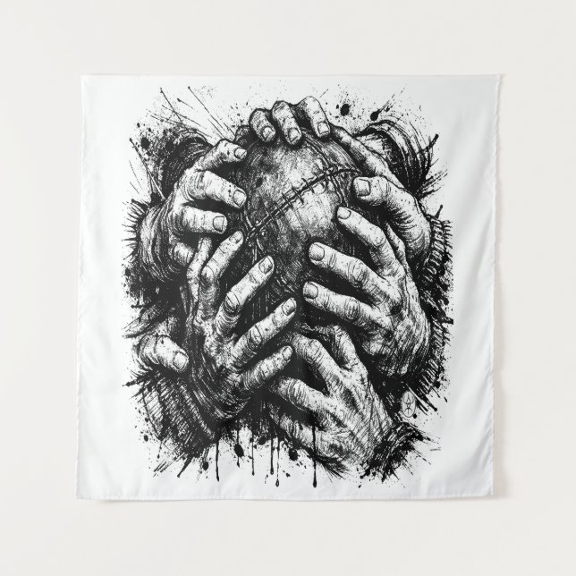 Tapiz Ilustración de Orkney Dark Art Ink – Manos que Aga (Anverso)